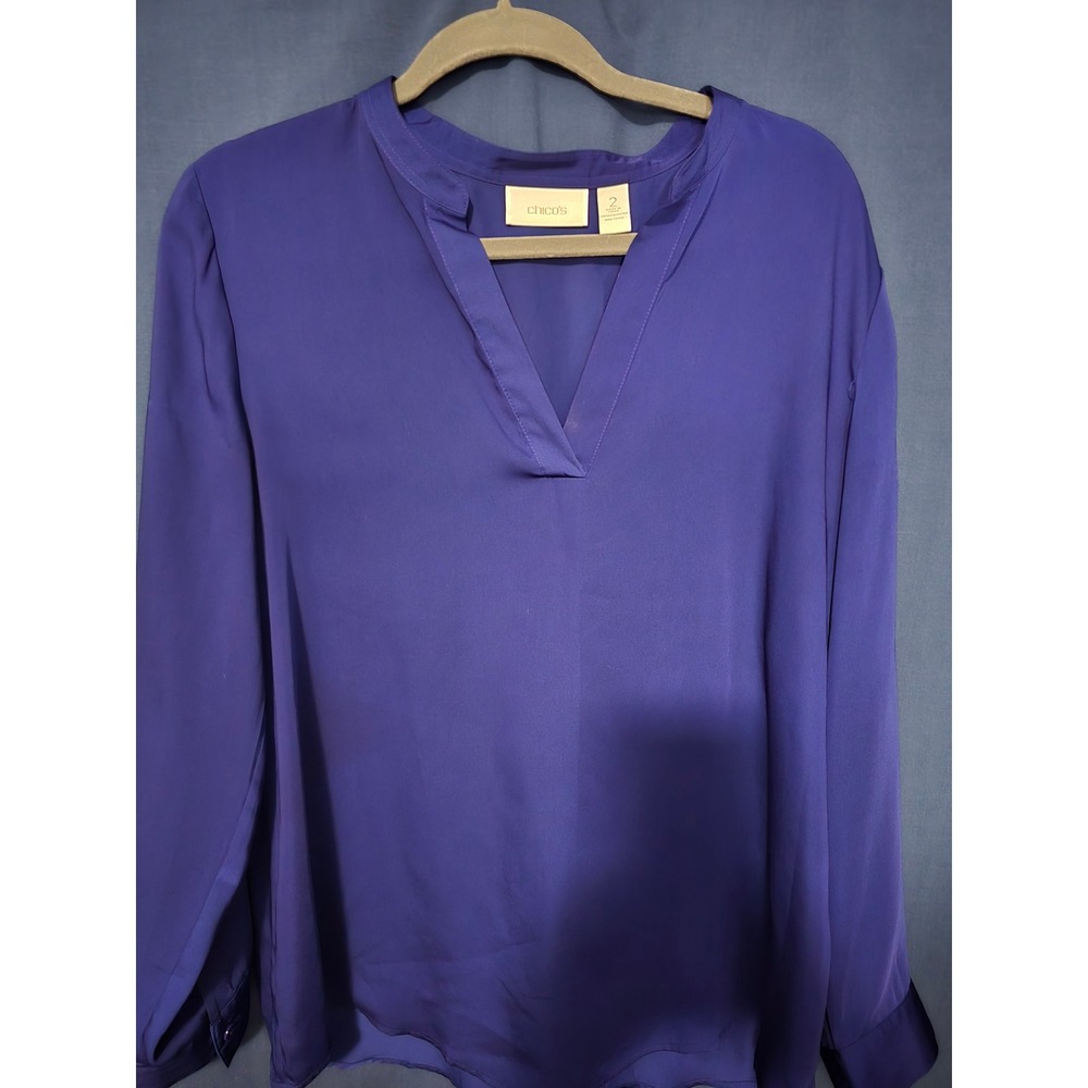 Chicos Womens Royal Blue Long Sleeve Split V-Neck Blouse Top Size 2 Large
